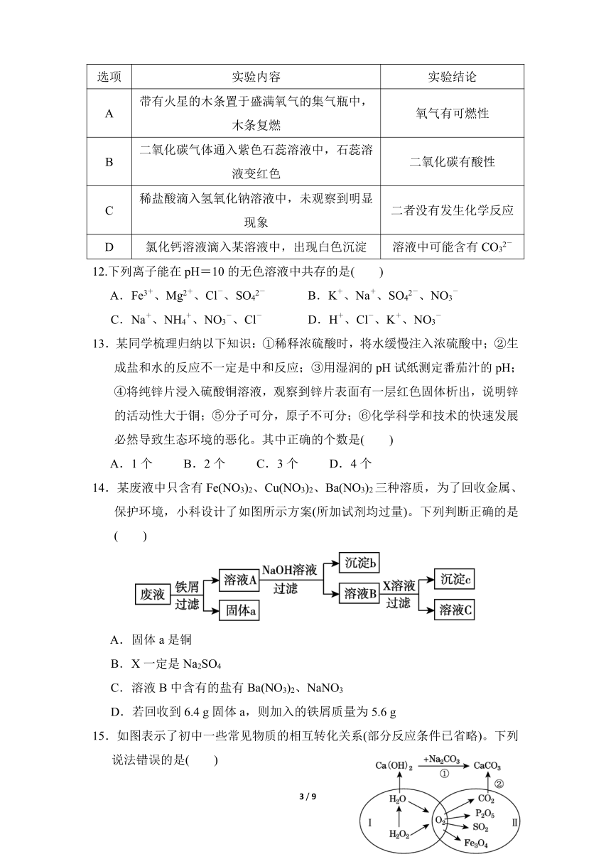 2021-2022学年度 新高一开学考试化学试卷（一）（Word版含答案）