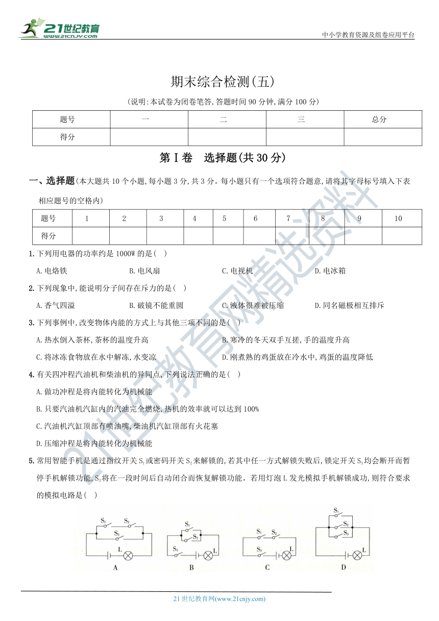 河北省2020～2021学年度人教版九年级物理全册期末综合测试卷(五）（含答案及解析）