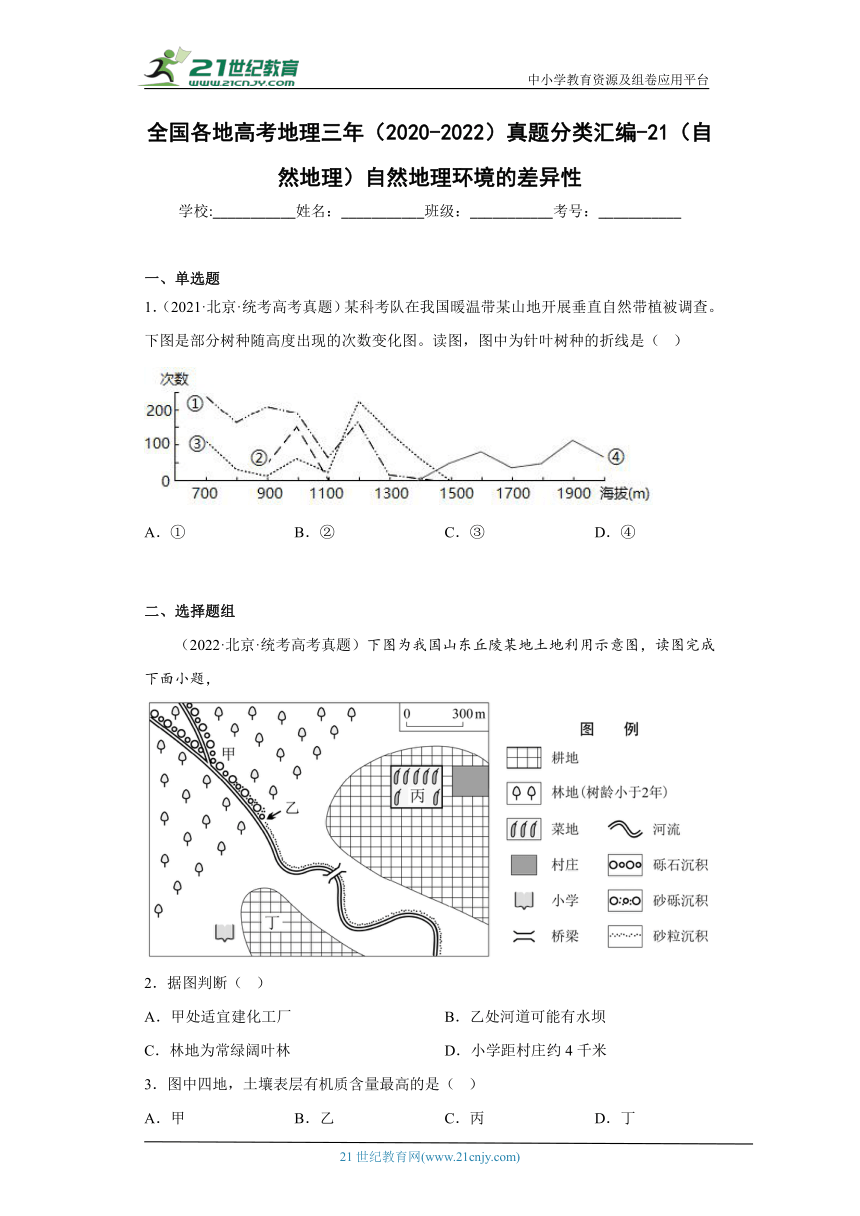 全国各地高考地理三年（2020-2022）真题分类汇编-21（自然地理）自然地理环境的差异性（含解析）