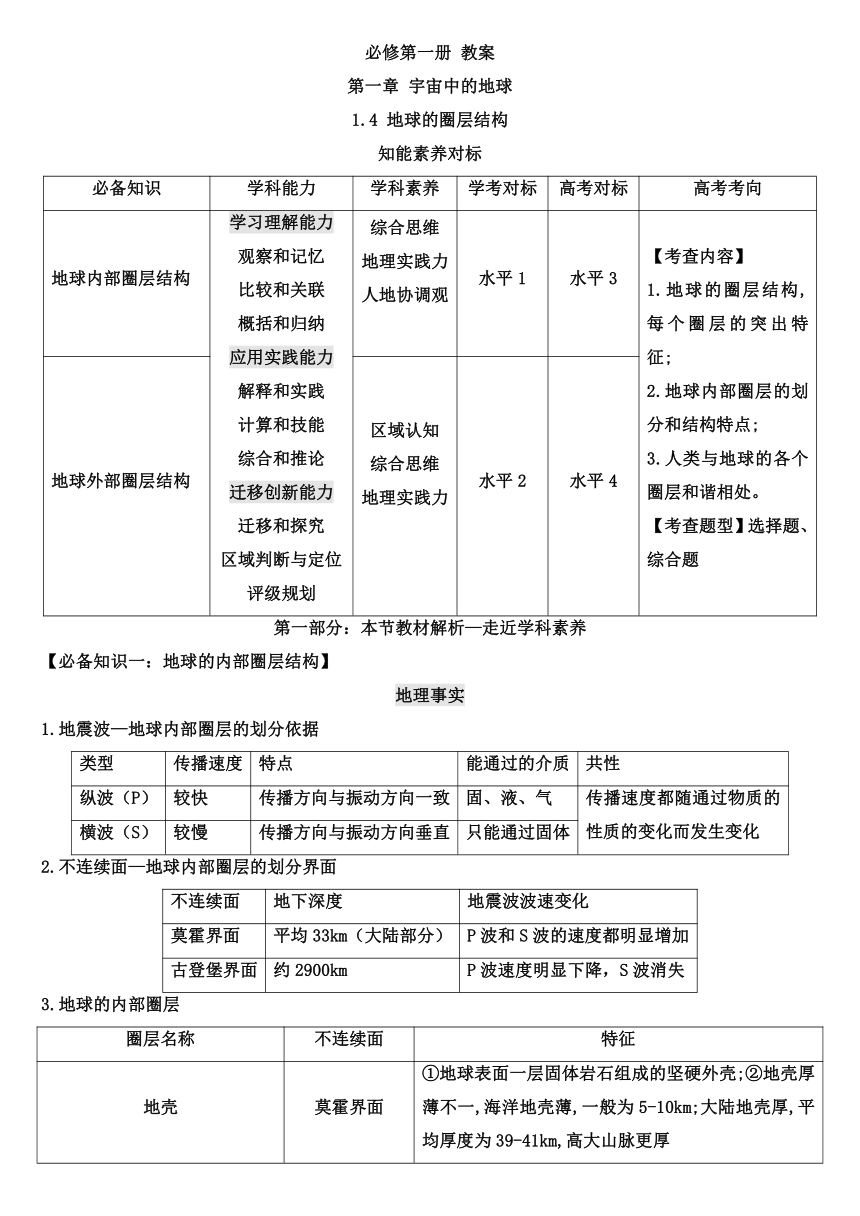 【核心素养目标】1.4 地球的圈层结构教案