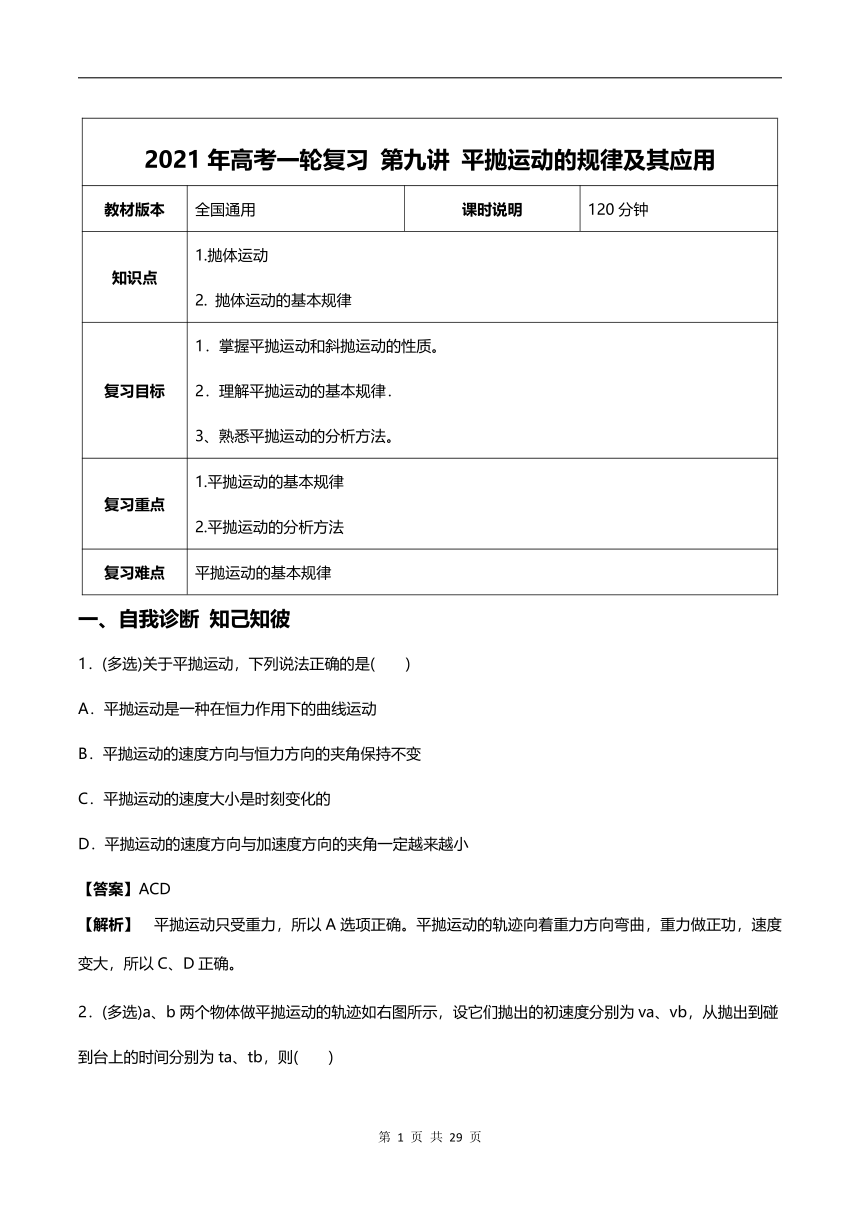 【2021年高考一轮课程】物理 全国通用版 第9讲 平抛运动的规律及应用 教案