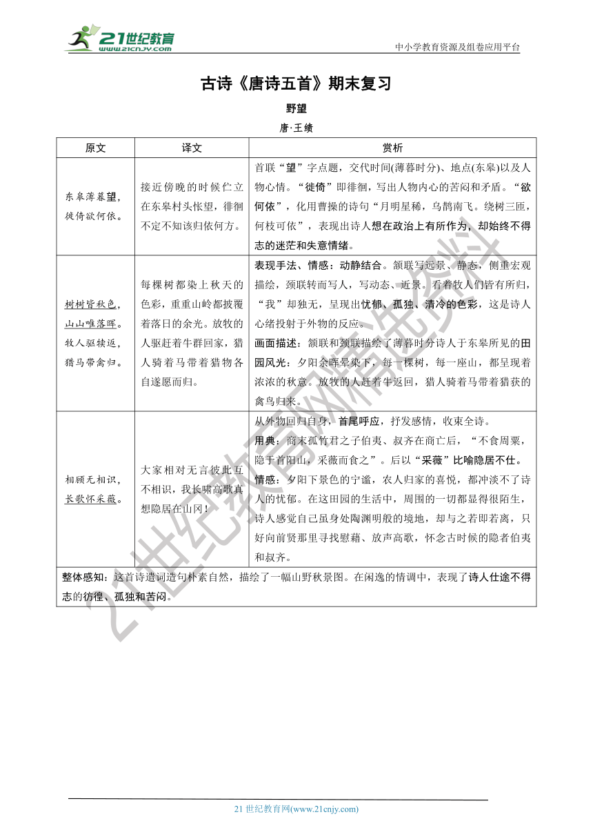 八年级语文上册期末古诗词复习 13《唐诗五首》导学案