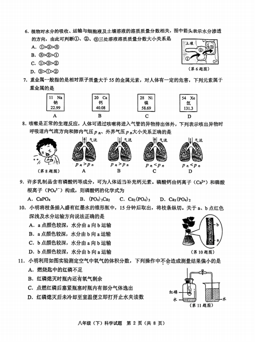 浙江省温州市2021-2022学年八年级下学期学业水平期末检测科学试卷（pdf版，含答案）