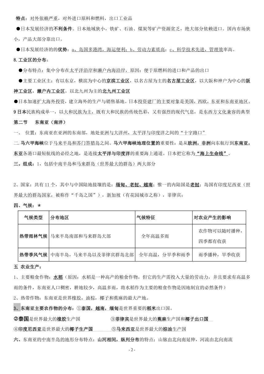 人教版七年级下册地理期末复习提纲 word版含答案