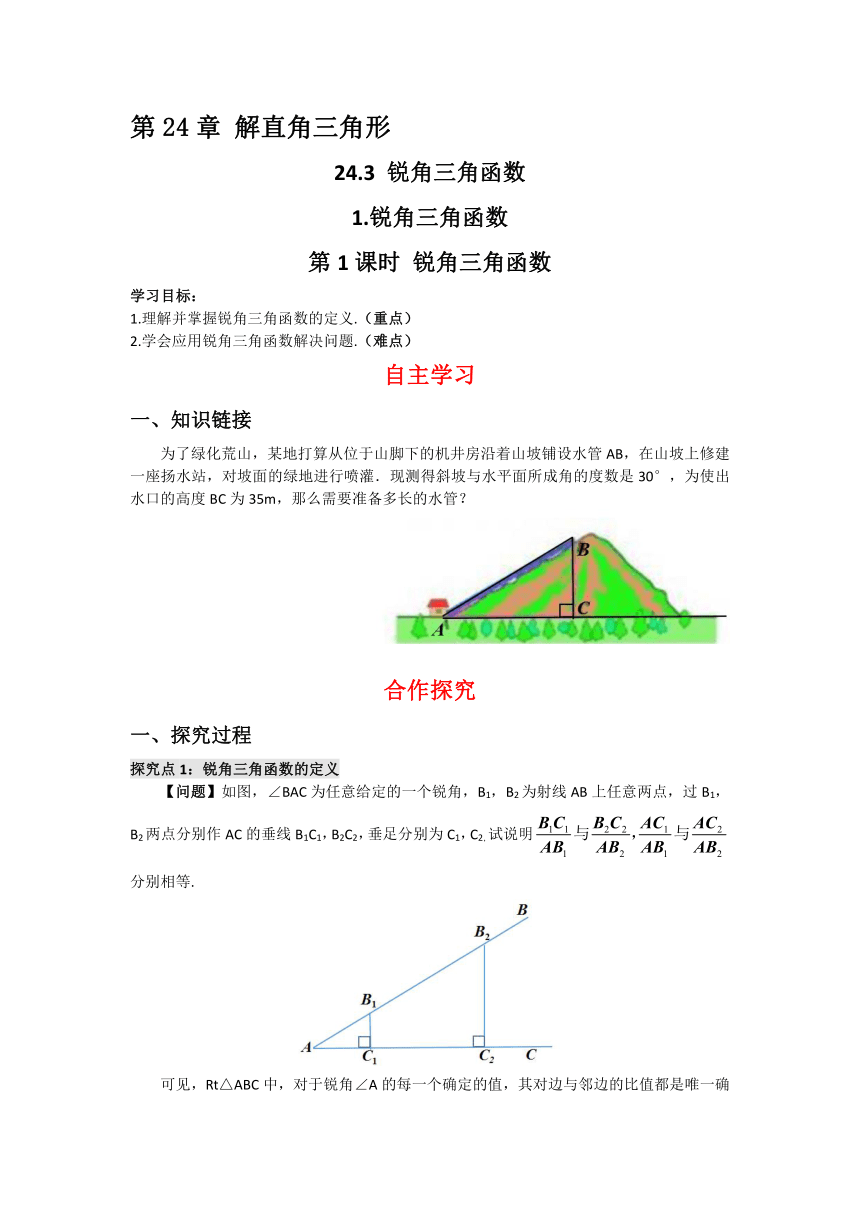 华师大版数学九年级上册    24.3.1 第1课时 锐角三角函数 学案（含答案）