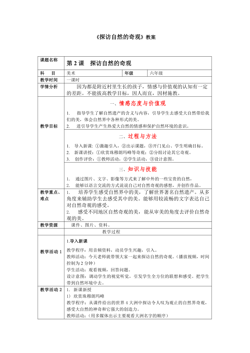 人美版 小学美术 2探访自然的奇观 教案（表格式）