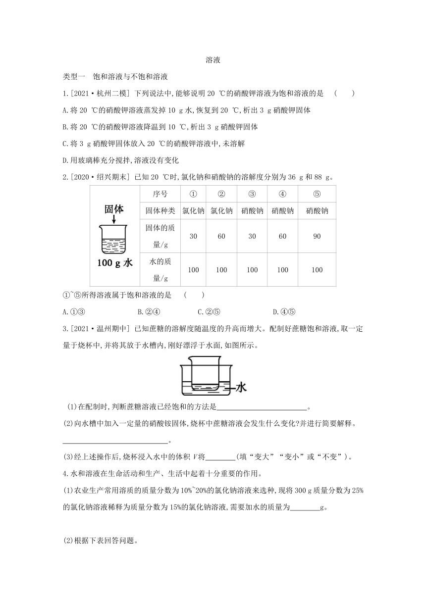 浙教版科学八年级上册同步提优训练：专题 溶液（含解析）