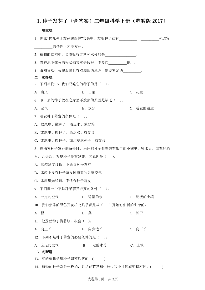 苏教版（2017秋）科学 三年级下册 1.1 种子发芽了  同步练习（  含答案）