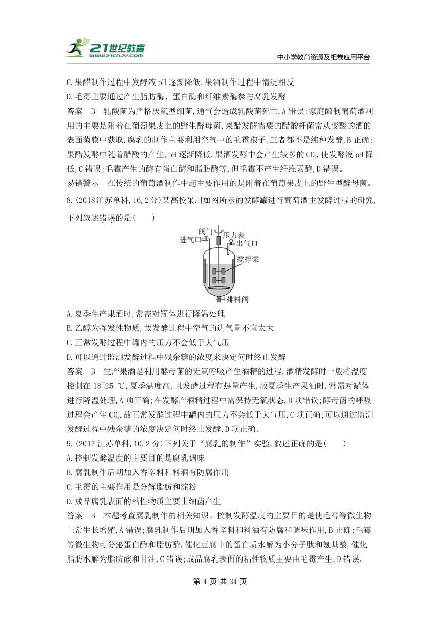 新人教一轮复习-10年真题分类训练：专题25 微生物的应用与传统发酵技术（Word版含解析）