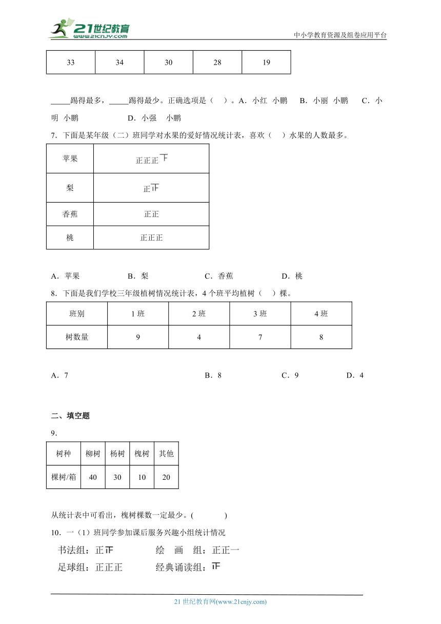 第一单元数据收集整理常考易错练习卷（单元测试）-小学数学二年级下册人教版（含解析）