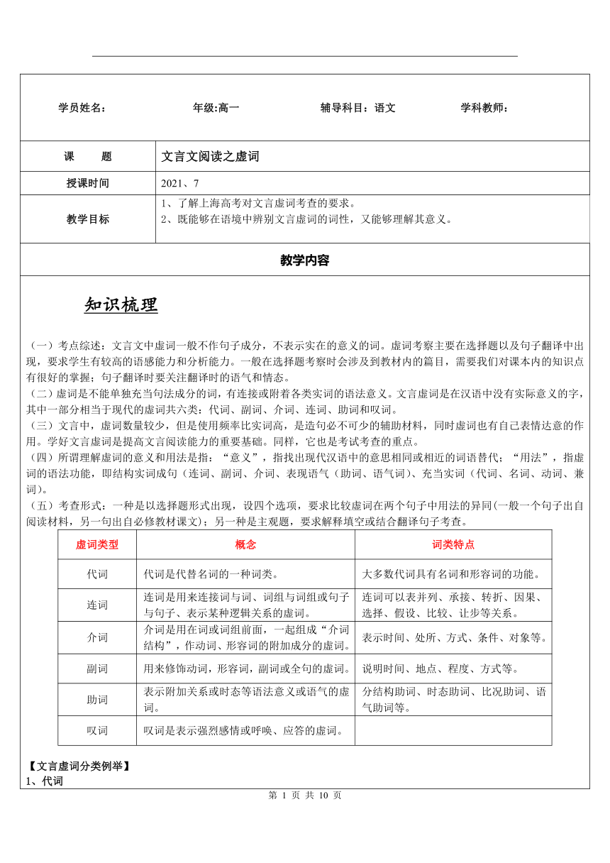 2021年暑假高一升高二专题知识辅导：文言文阅读之虚词 含答案