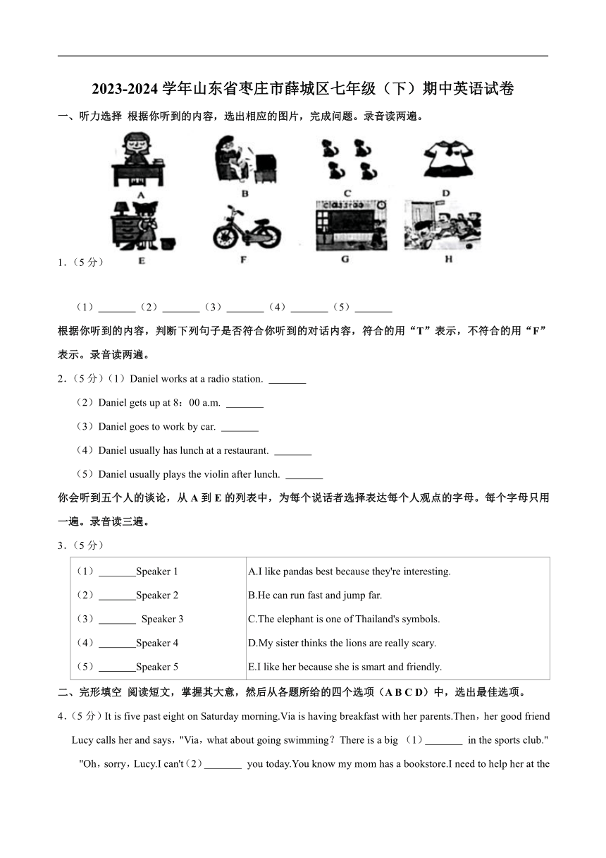 山东省枣庄市薛城区2023-2024学年七年级下学期英语期中试题（含解析，无听力音频，无原文）