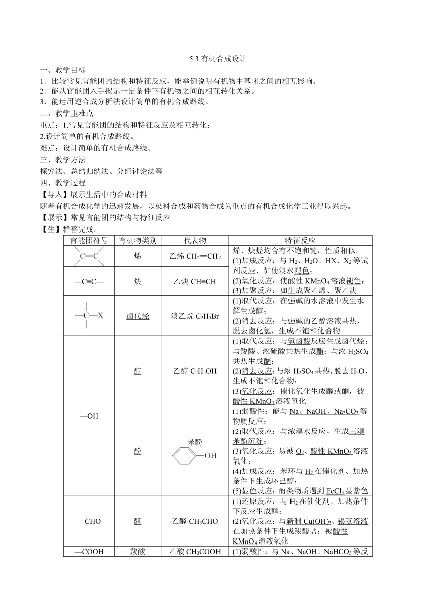 5.3 有机合成设计 教案 高二化学（苏教版2019选择性必修3）