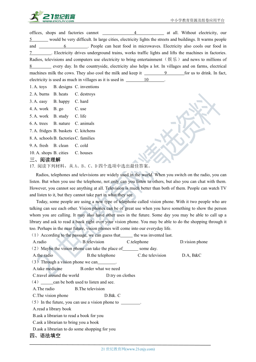 Module 3 Natural elements Unit 6 Electricity 同步练习（含答案）