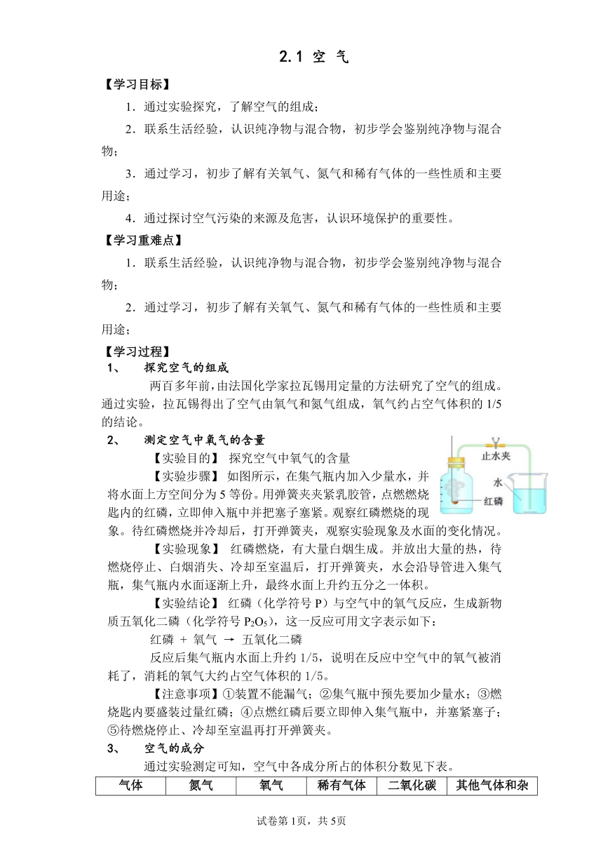 2.1空气 导学案--2022-2023学年九年级化学人教版上册(有答案)