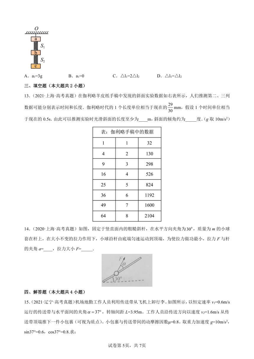 2020-2021年全国各省高考物理试题分类汇编——牛顿运动定律（word版含答案）