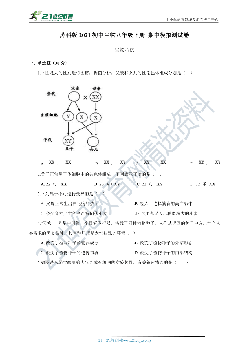 苏科版生物八年级下册 期中模拟测试卷（含答案）