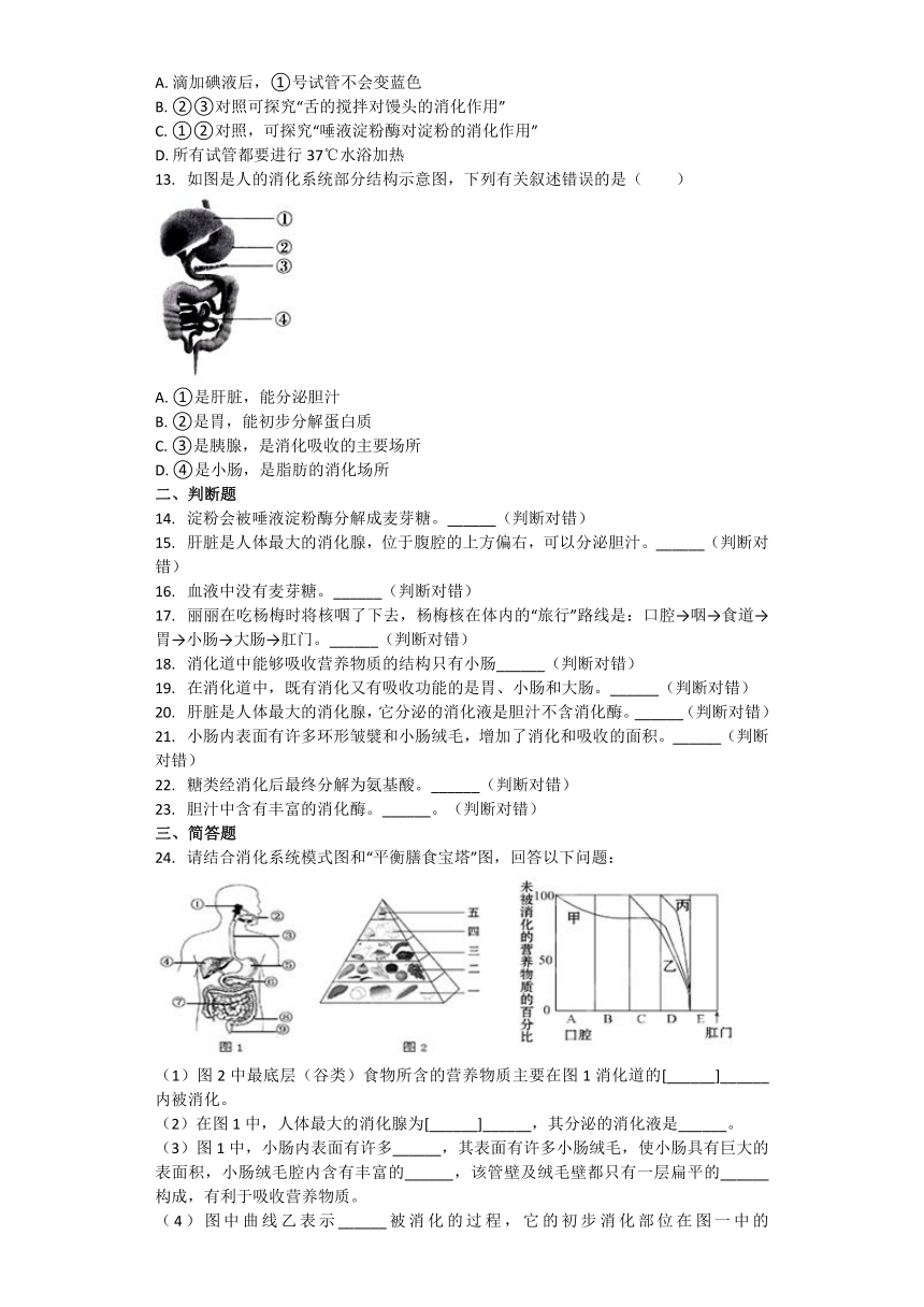 生物北师大版七年级下册 第8章第2节 食物的消化和营养物质的吸收 课后习题（word版含解析）