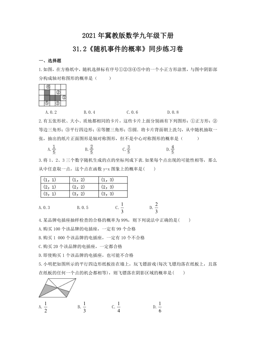 2021-2022学年冀教版数学九年级下册31.2 随机事件的概率 同步练习卷(word版含答案)