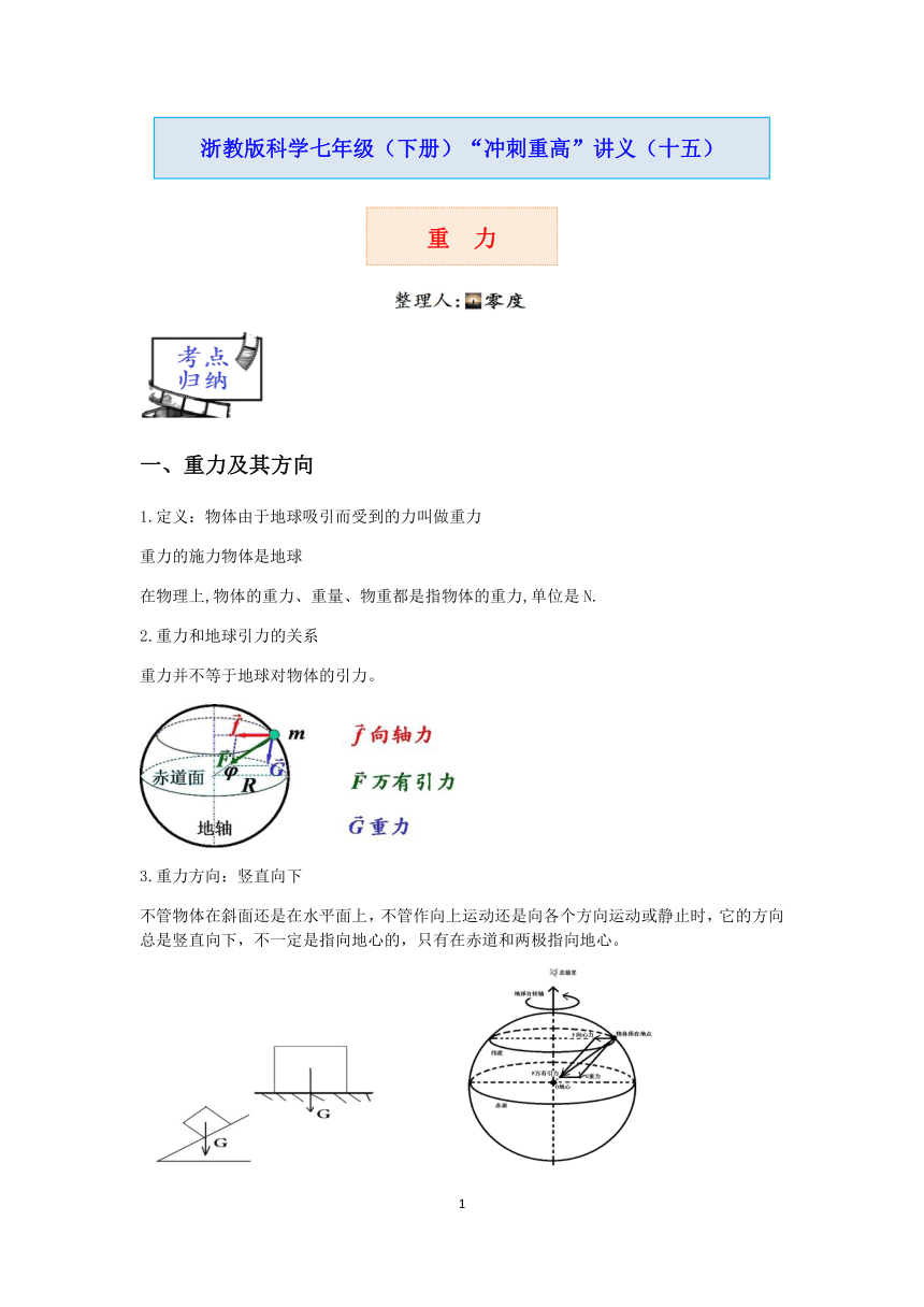 浙教版2022-2023学年第二学期七年级科学“冲刺重高”培优讲义（十五）：重力【word，含答案及解析】