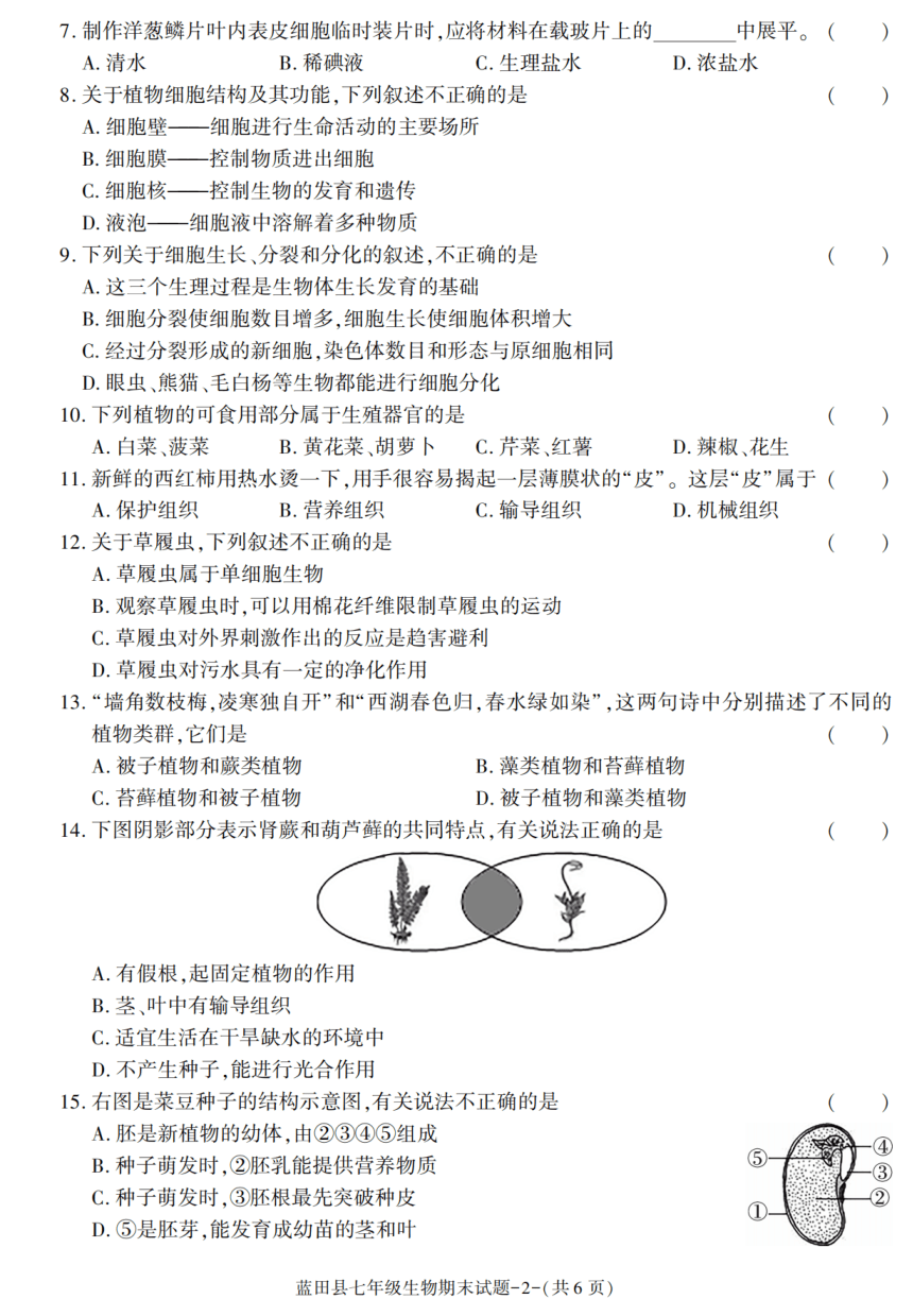 陕西省西安市蓝田县2021-2022学年七年级上学期期末考试生物试卷（PDF版含答案）