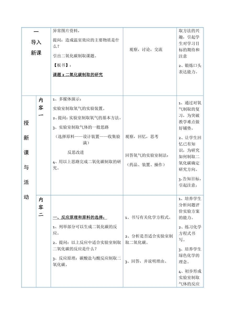 人教版（五四学制）化学八年级全册 第六单元  课题2   二氧化碳制取的研究  教案  （表格式）