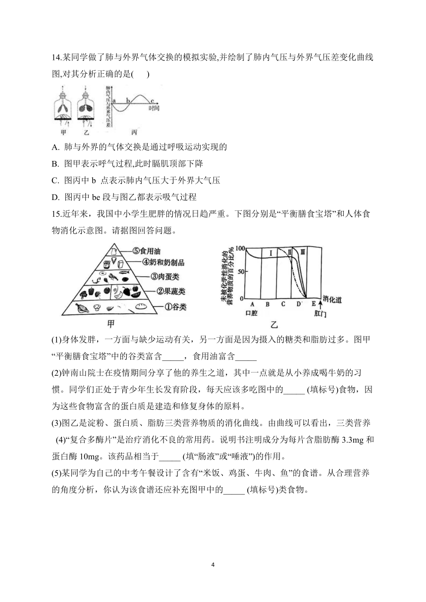 2023届人教版中考生物高频考点专项练习：专题九人体的营养和呼吸 综合练习（A卷）（含解析）