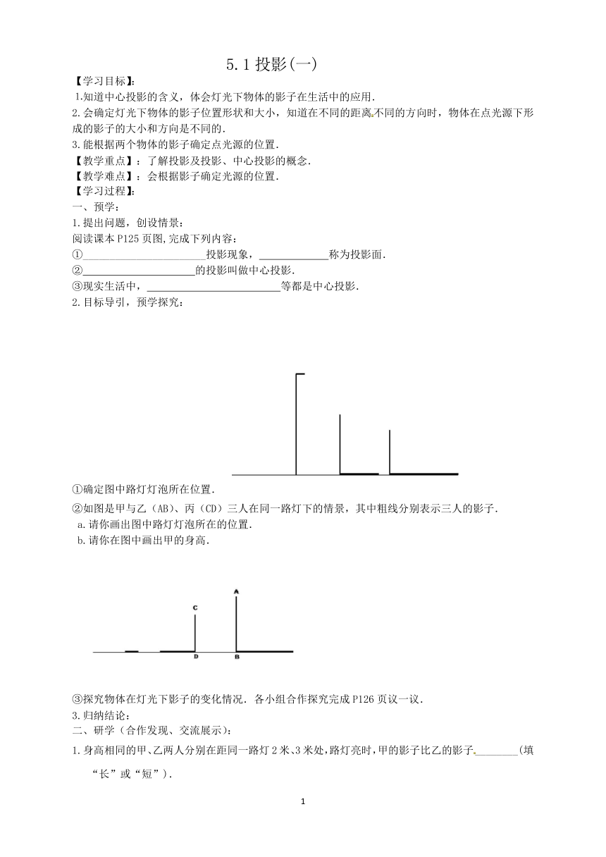 北师大版数学九年级上册第五章 投影与视图  5.1投影(一)学案（无答案）