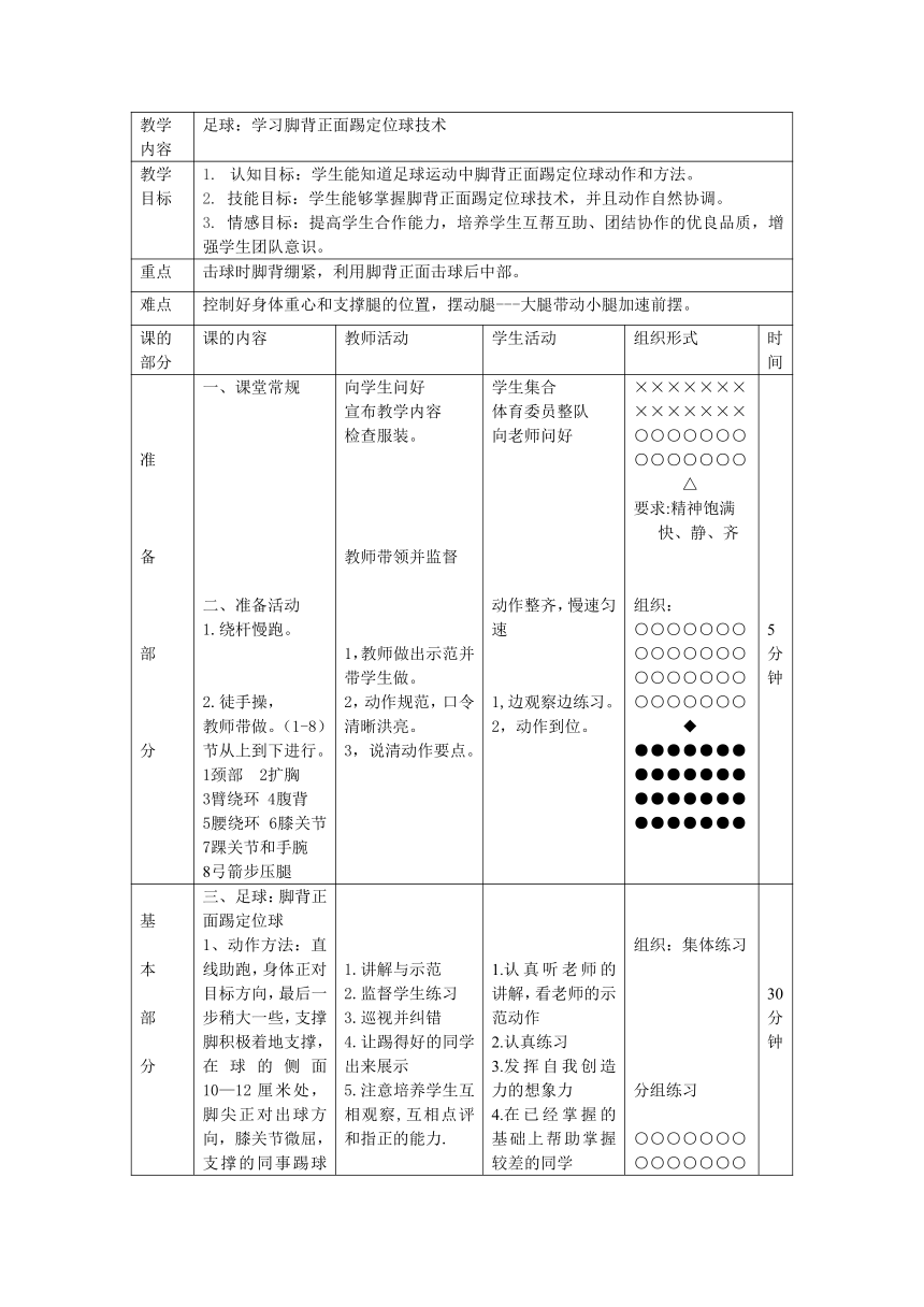 高二上学期体育与健康人教版 足球：学习脚背正面踢定位球技术 教案