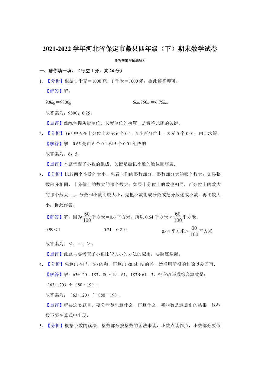 2021-2022学年河北省保定市蠡县四年级（下）期末数学试卷（含答案）