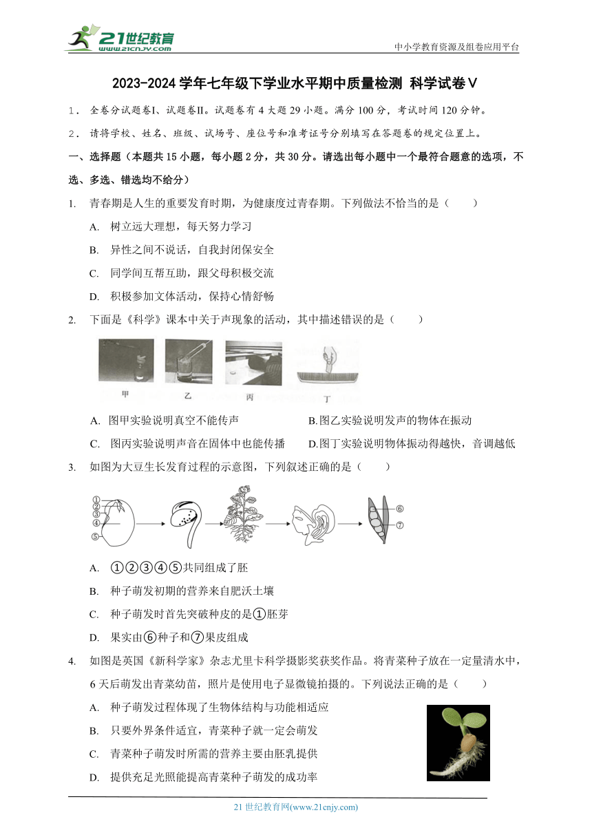 2023-2024学年浙教版七年级下学业水平期中质量检测  科学试卷Ⅴ