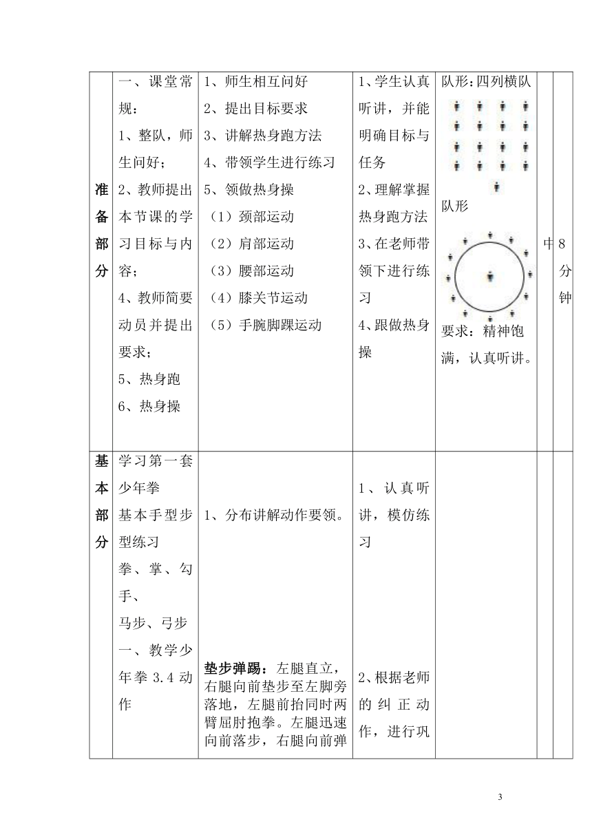 《少年拳（第一套）：垫步弹踢、马步横打》（教案） 体育与健康六年级上册  人教版（表格式）