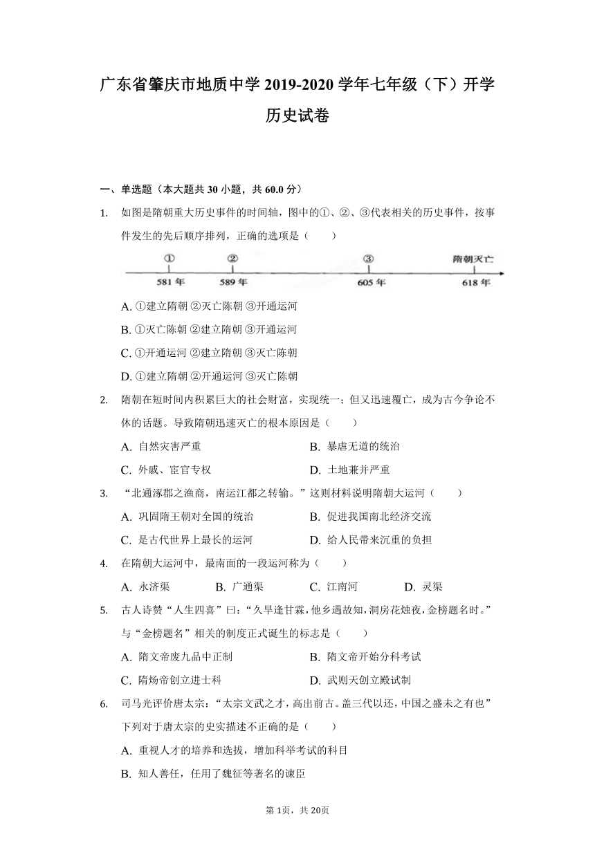 广东省肇庆市地质中学2019-2020学年七年级（下）开学历史试卷（含解析）