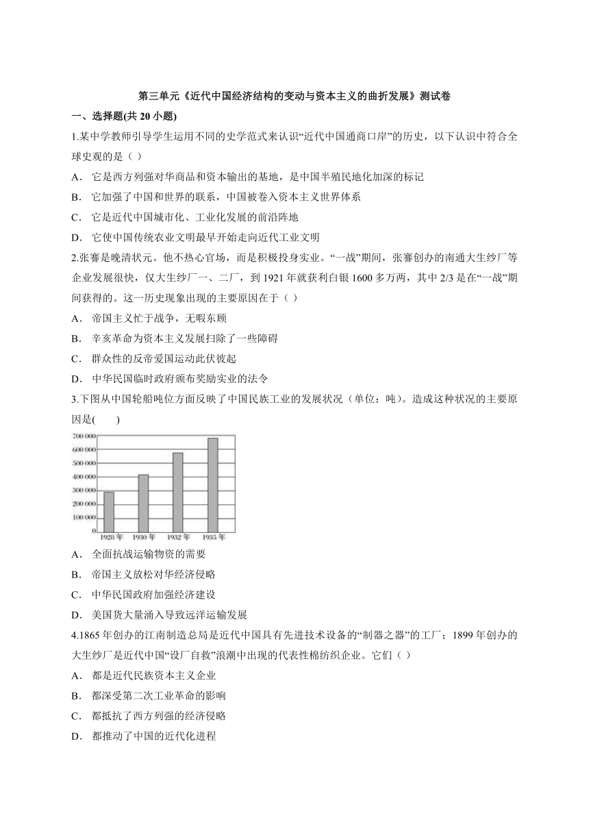 【解析版】人教版高中历史必修2第三单元《近代中国经济结构的变动与资本主义的曲折发展》测试卷