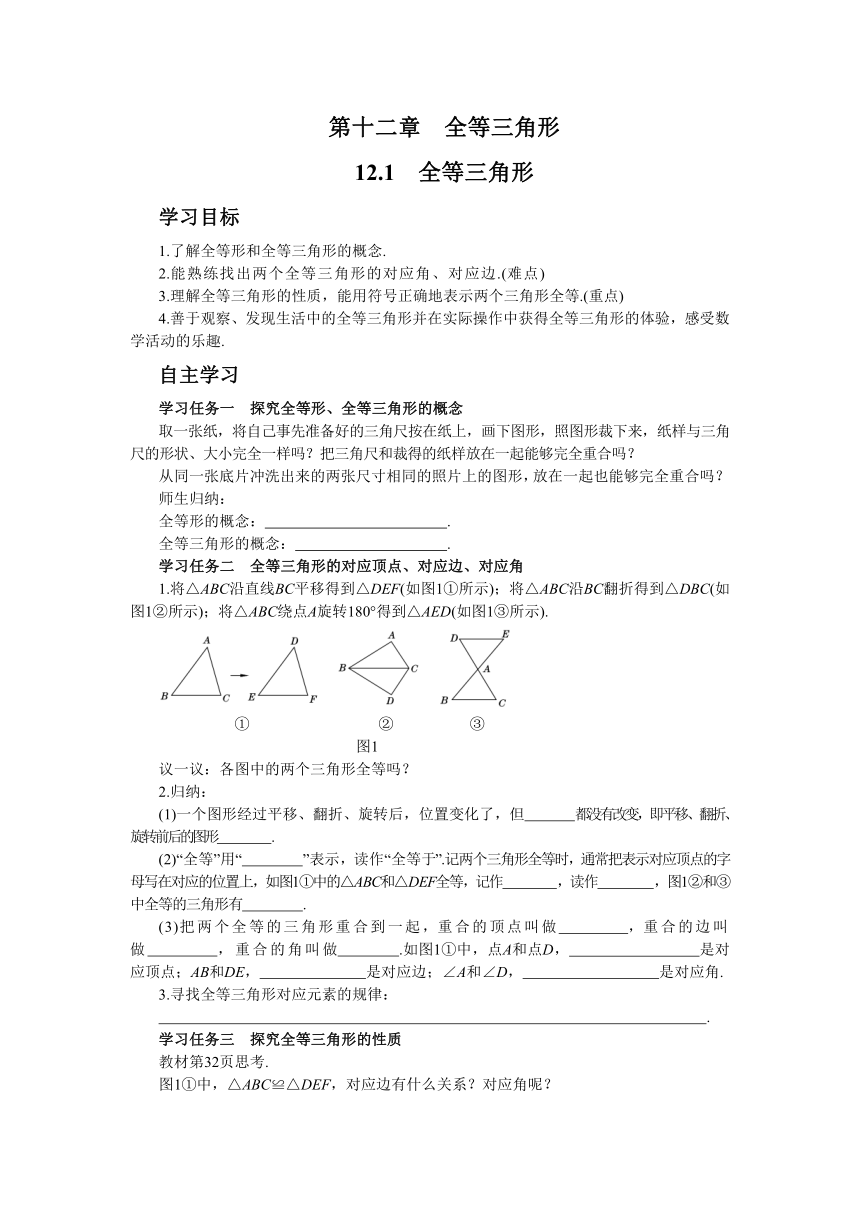 人教版数学八上12.1  全等三角形学案（含答案）