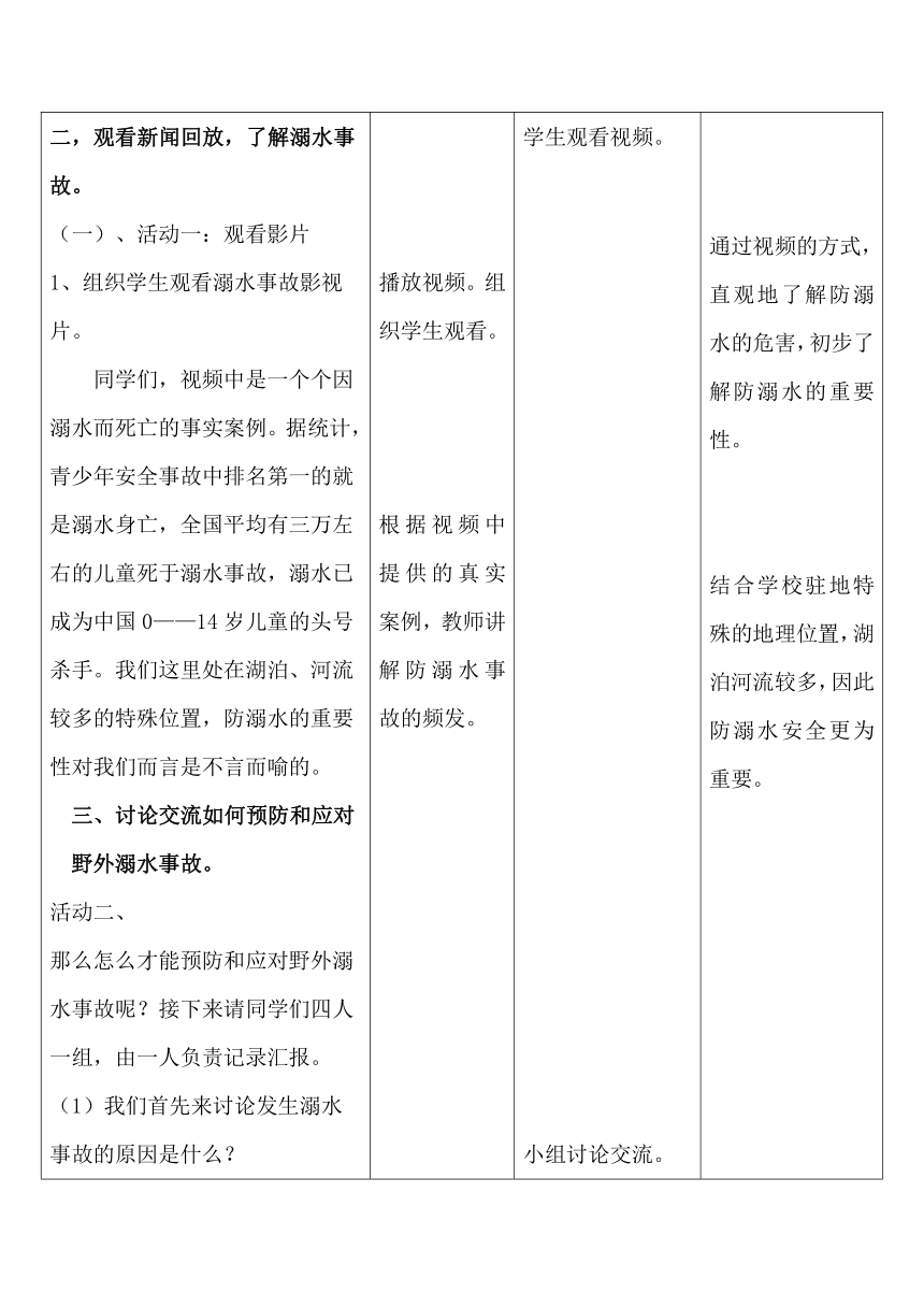 小学班会 《预防和应对野外溺水事故》教案（表格式）