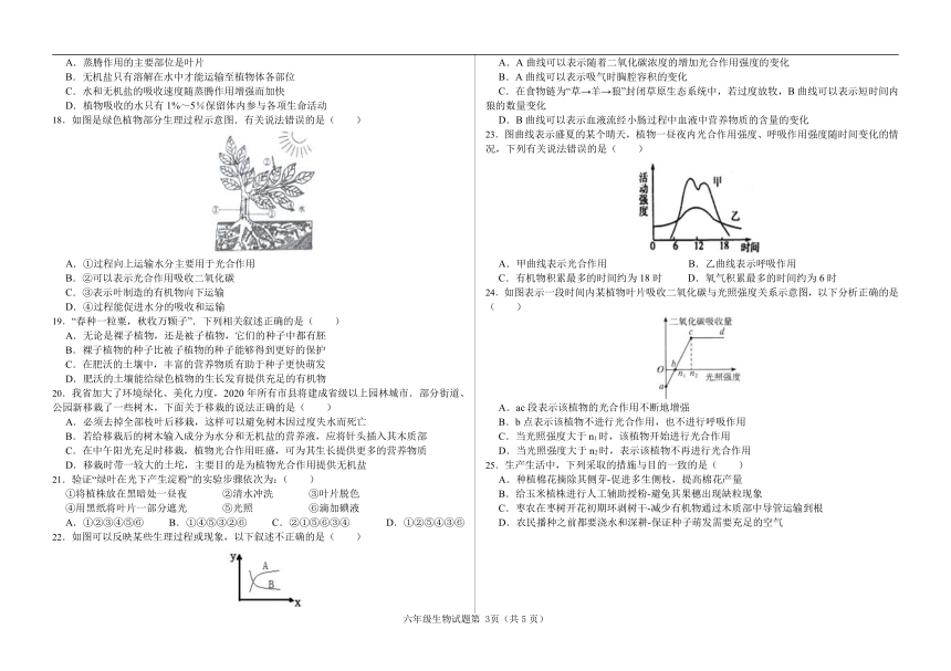 山东省济南市莱芜区方下鲁西中学2021—2022学年六年级下学期期中考试生物试题 （PDF版含答案）