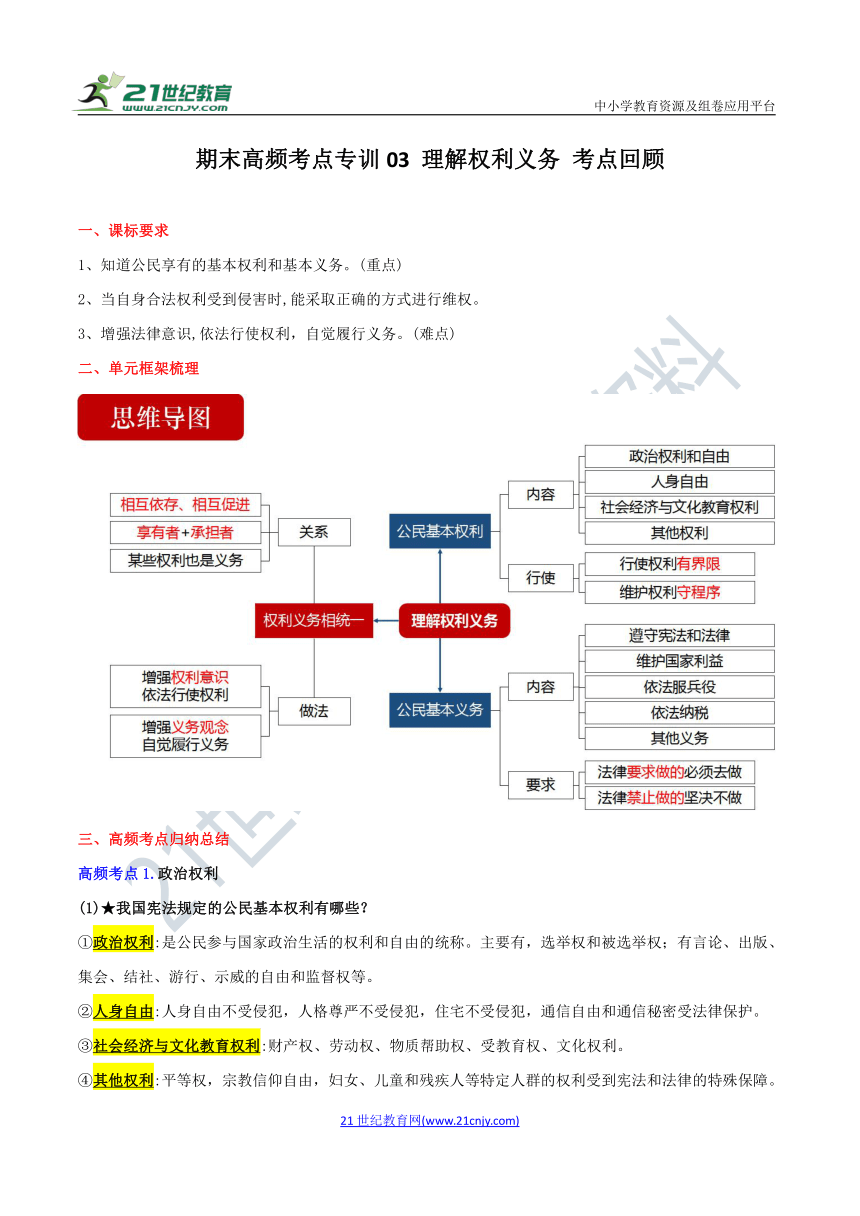 八年级下册道德与法治 期末高频考点专训03 理解权利义务 考点回顾（含答案）