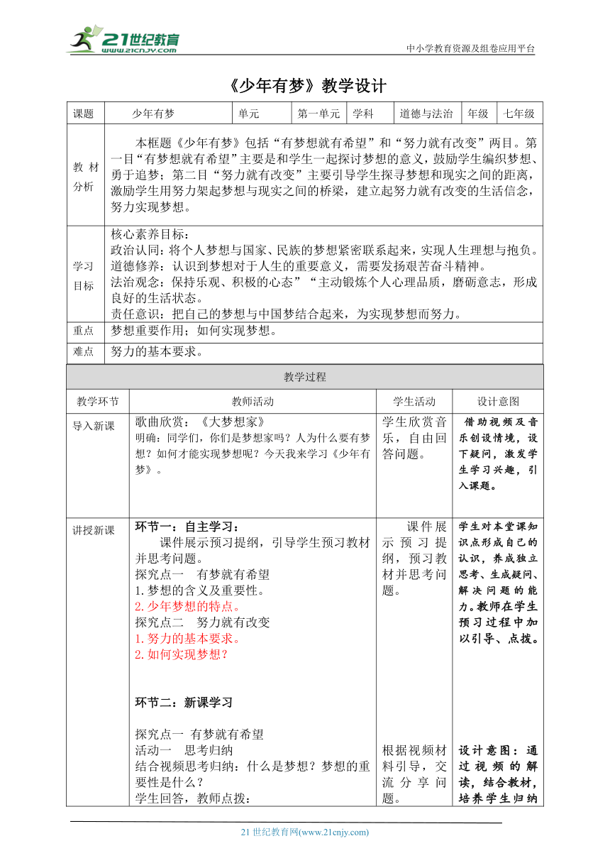 核心素养目标 1.2《少年有梦》教学设计（表格式）