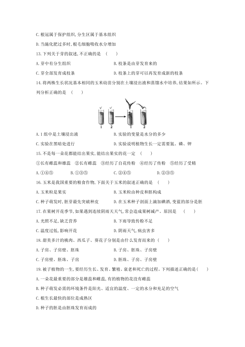 人教版生物学七年级上册同步练习：第三单元　第一、二章  单元综合测试(word版含答案）