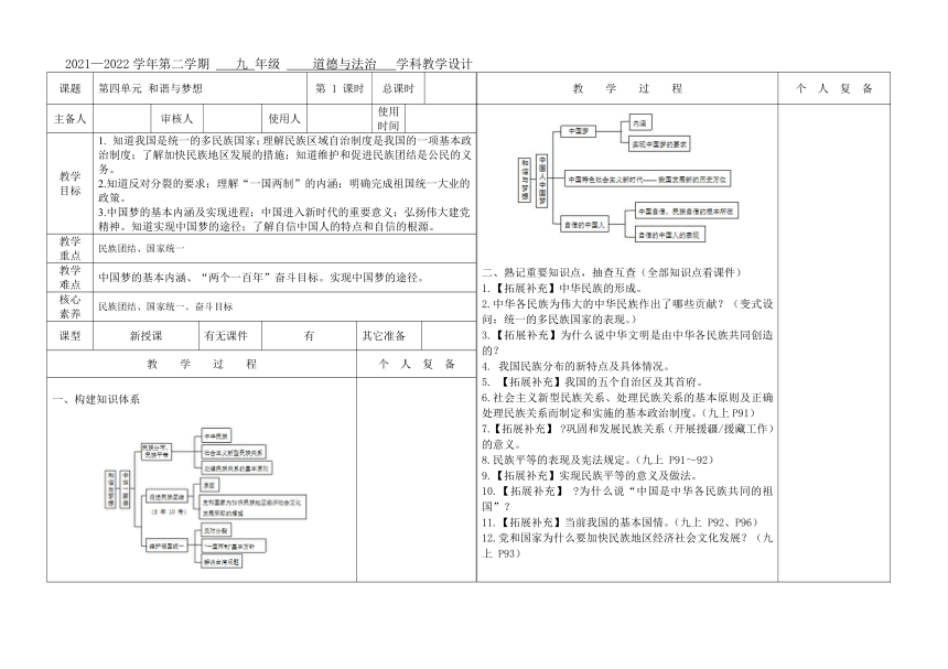 2022年中考道德与法治九年级上册第四单元 和谐与梦想  复习课教案