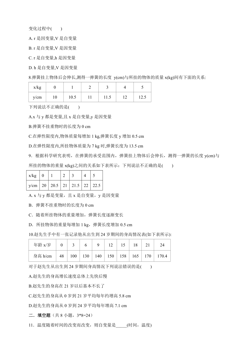 北师大版七年级数学下册    3.1  用表格表示的变量间关系   同步练习（Word版 含答案）