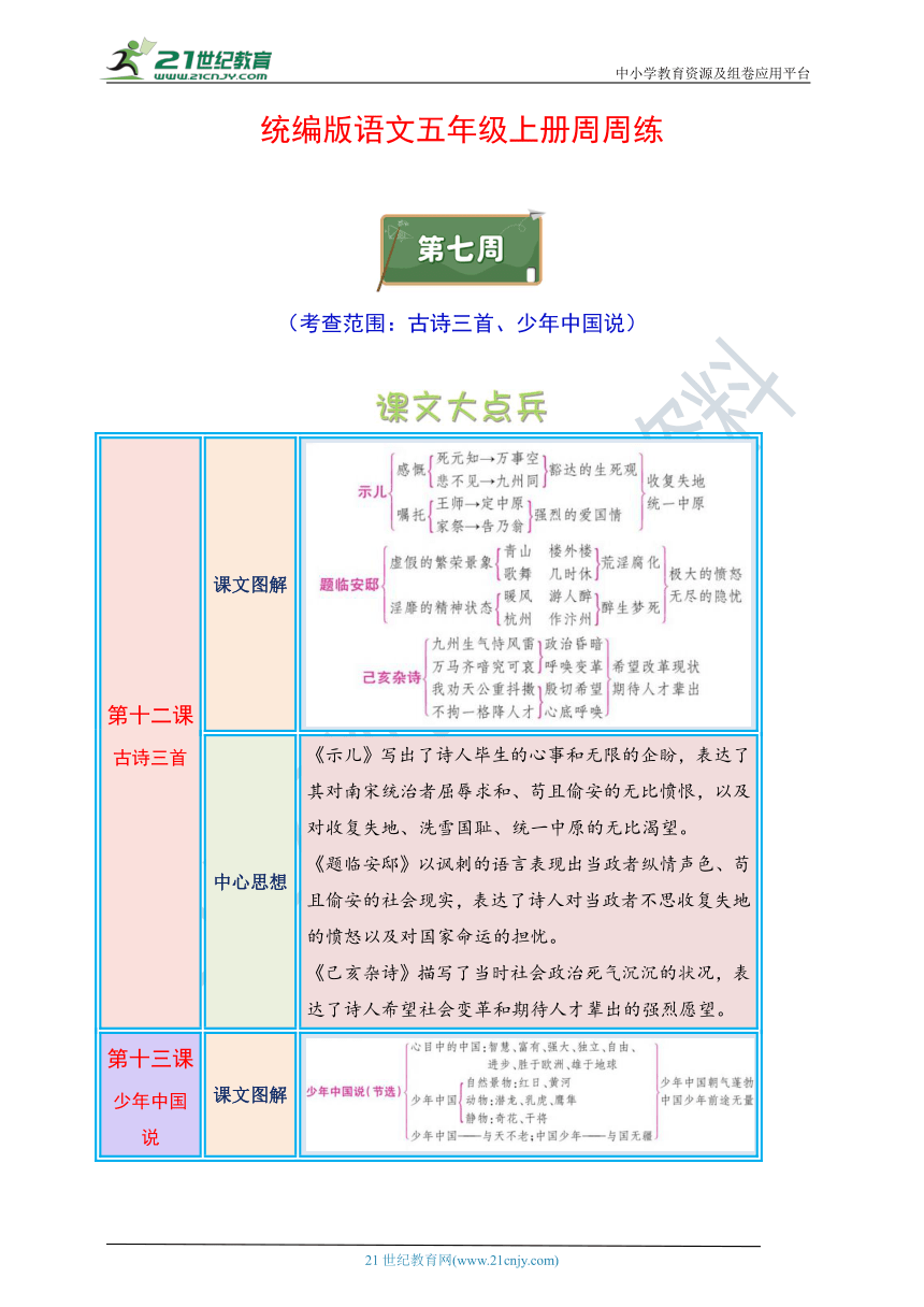 统编版语文五年级上册周周练 第7周（古诗三首、少年中国说）（含答案）