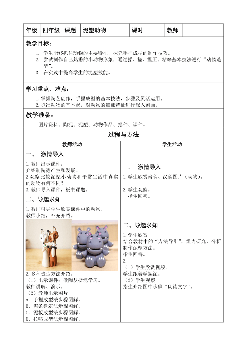 辽海版 四年级下册美术 第11课 泥塑动物 教案（表格式）