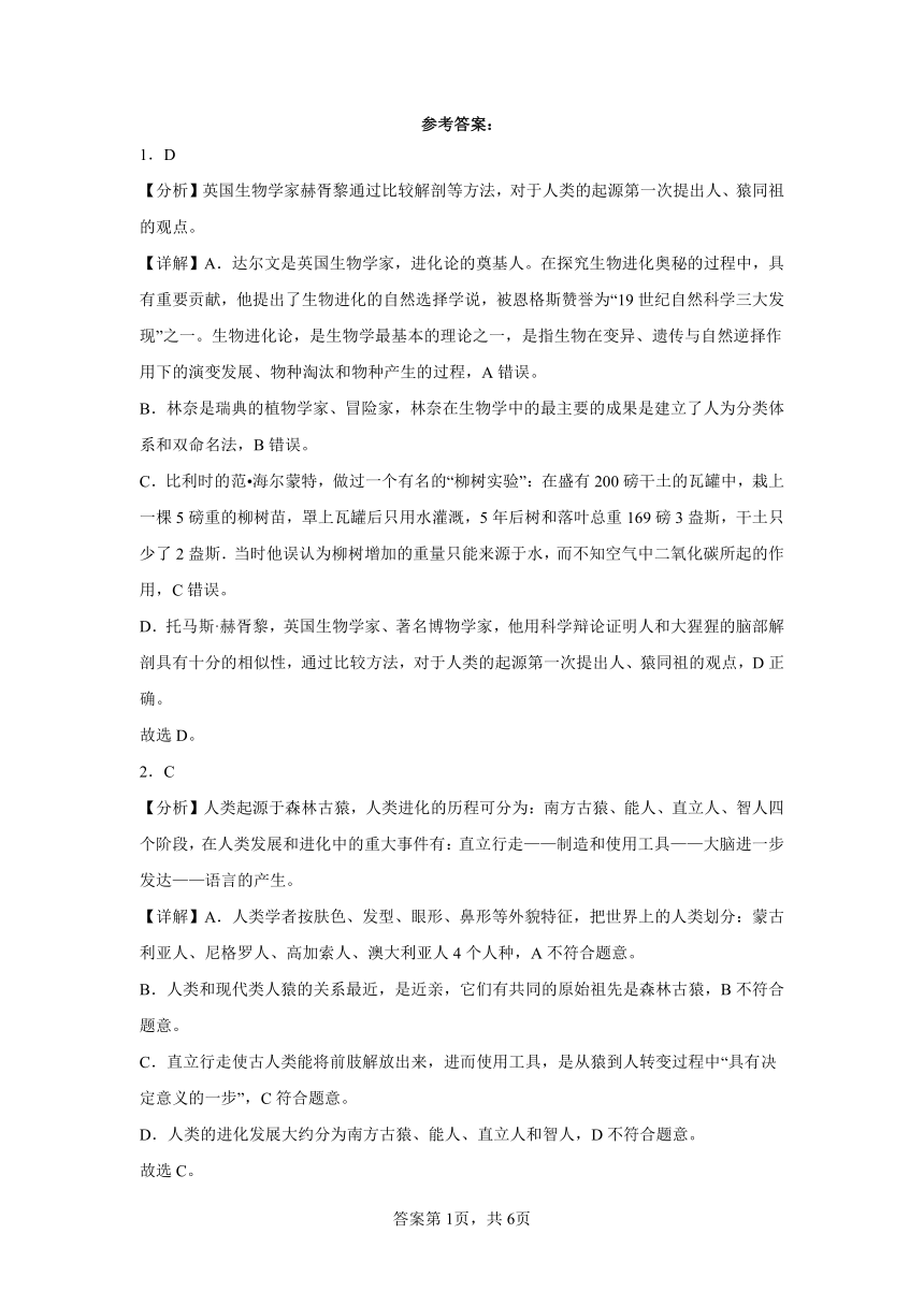 7.21.3人类的起源与进化 同步练习 （含解析）北师大版生物八年级下册