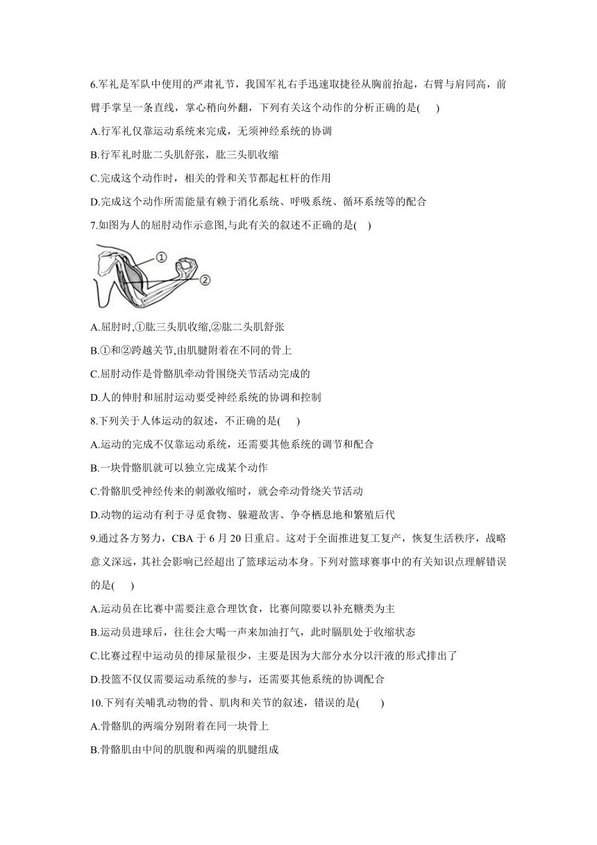 2021-2022学年人教版生物八年级上册 5.2动物的运动和行为 章末综合练习   （含解析）