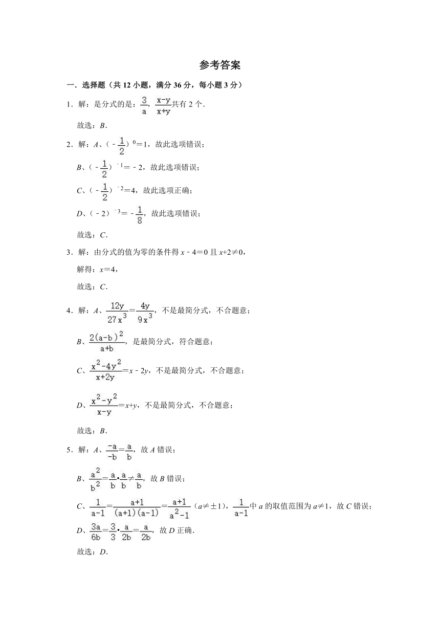 人教版2020年八年级上册第15章《分式》单元测试卷（word版含解析）