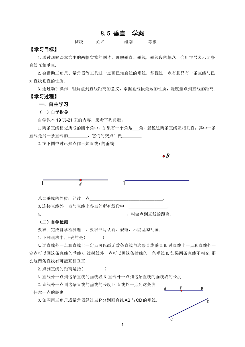 青岛版七年级下数学  8.5 垂直  学案（无答案）