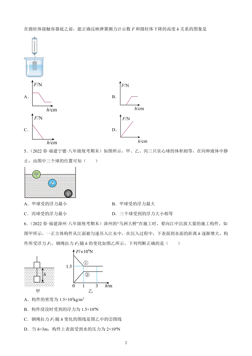 第九章 浮力 练习题2021－2022学年下学期福建省八年级沪科版物理期末试题选编（含解析）