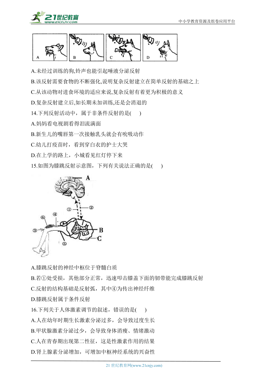 人教版生物七年级下册单元检测卷 第四单元第六章 人体生命活动的调节（测能力）（含解析）